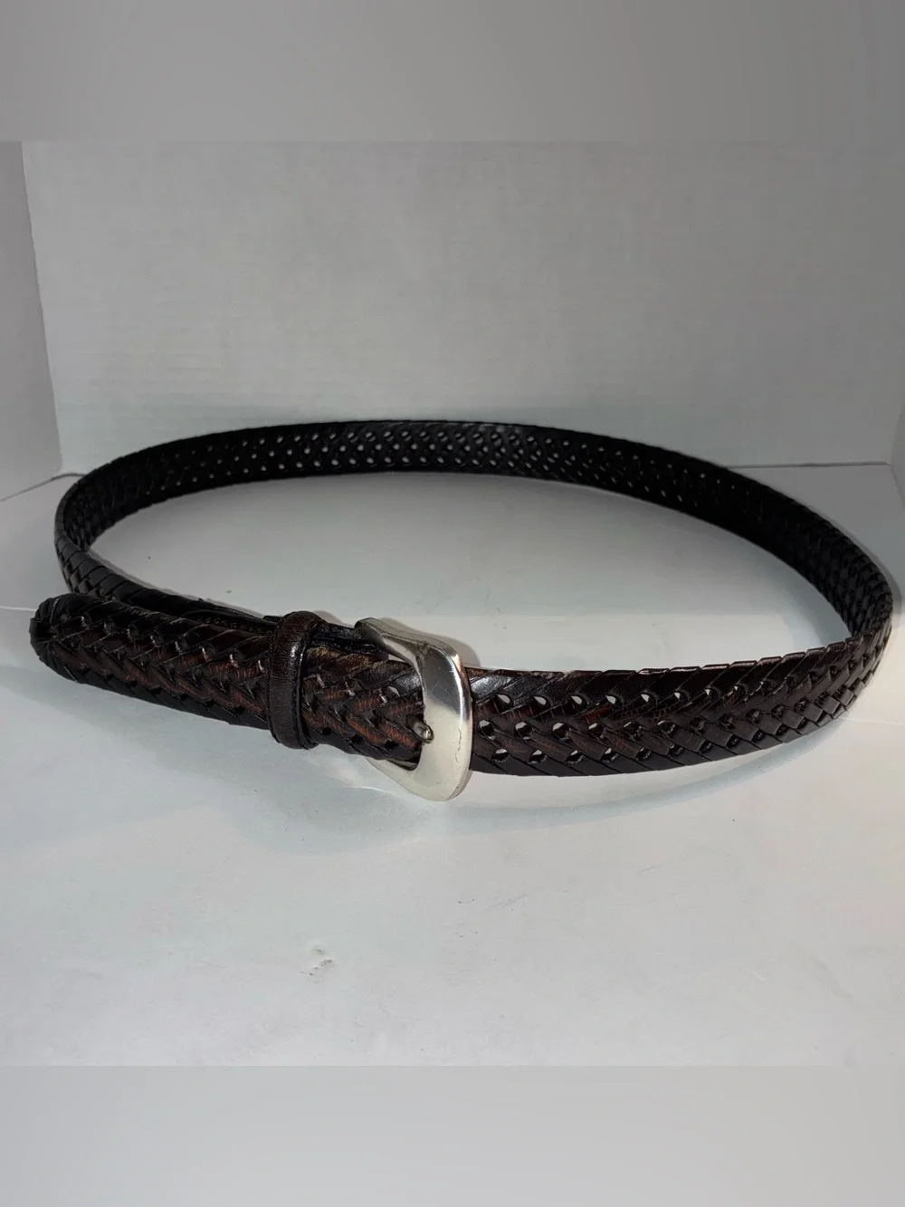 1997 Brighton Men's Braided Leather Belt - Dark Brown with Silver Buckle 38